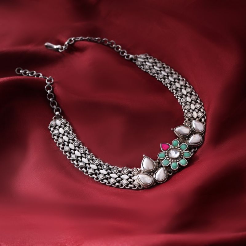 Festive Blossom Oxidized Silver Necklace